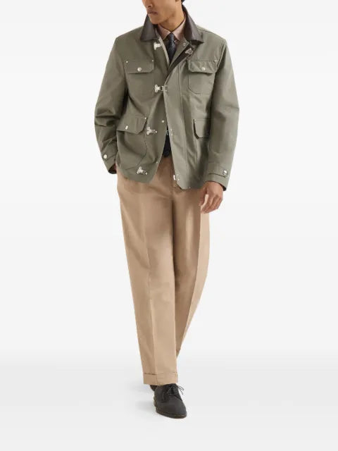 Brunello Cucinelli  water-resistant techno cotton gabardine outerwear jacket with leather inserts and hook fastening