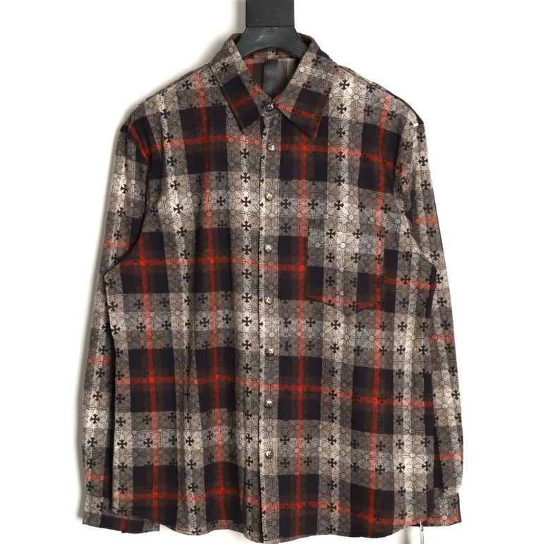 Floral Plaid Button-Up Shirt with Cross Detail