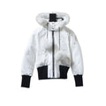 Moose Knuckles White Bomber Jacket Fox Fur Hood Black Ribbed Trim