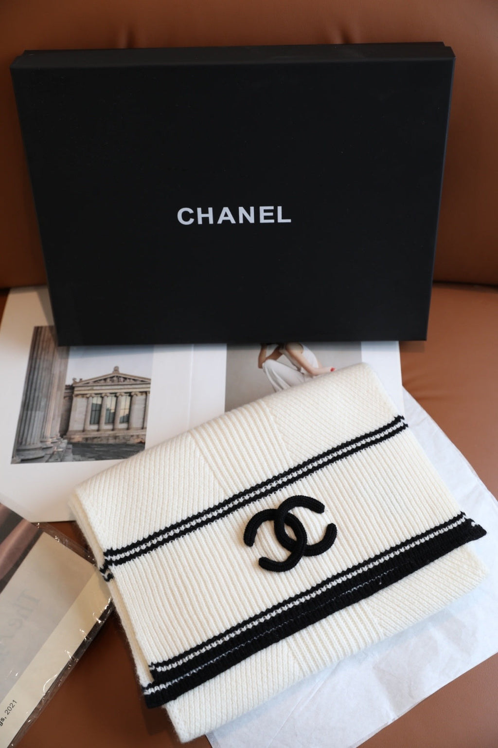 Chanel Style Rib-Knit Logo Scarf