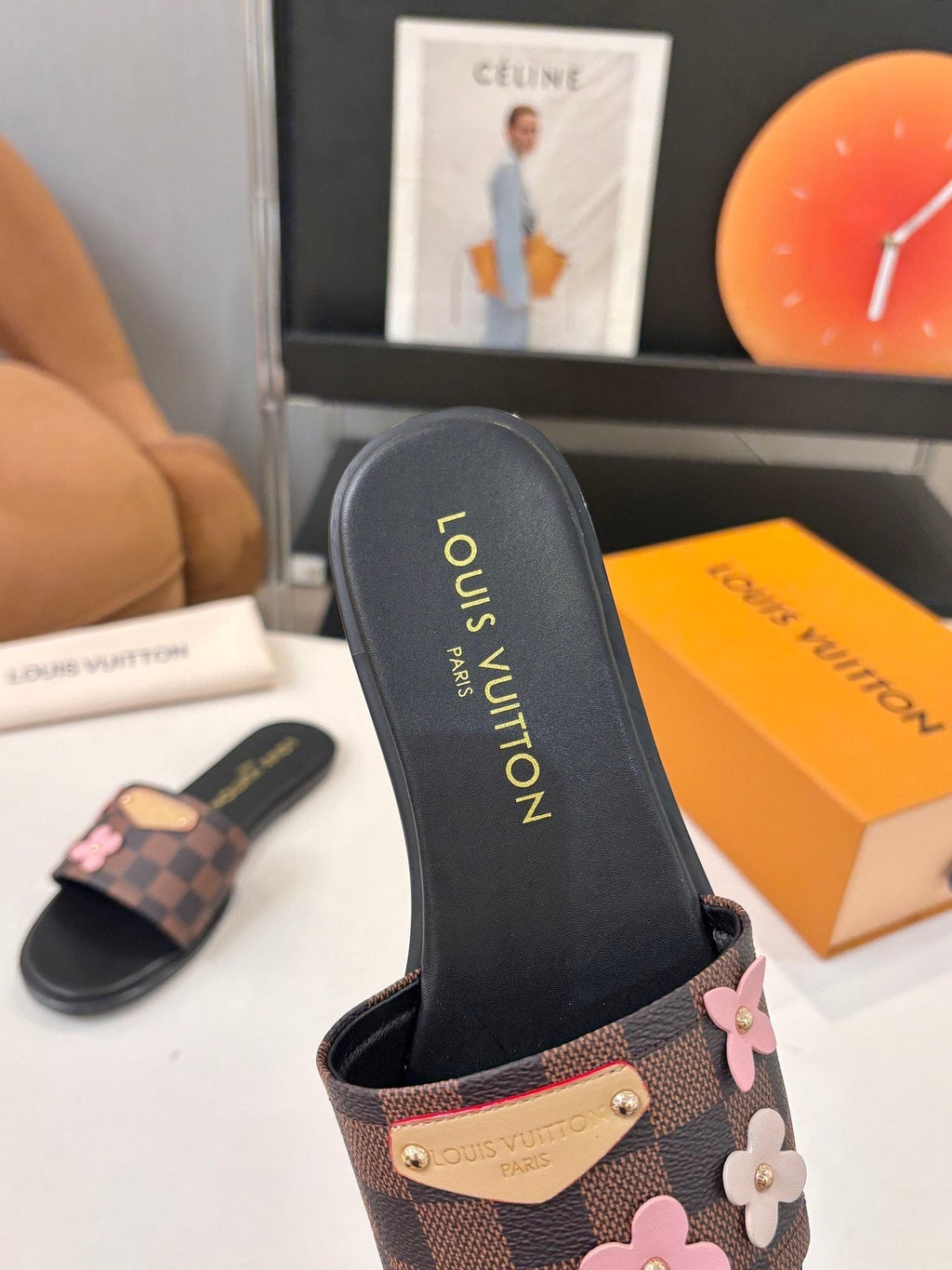 Louis Vuitton Floral Checkered Slide Sandals