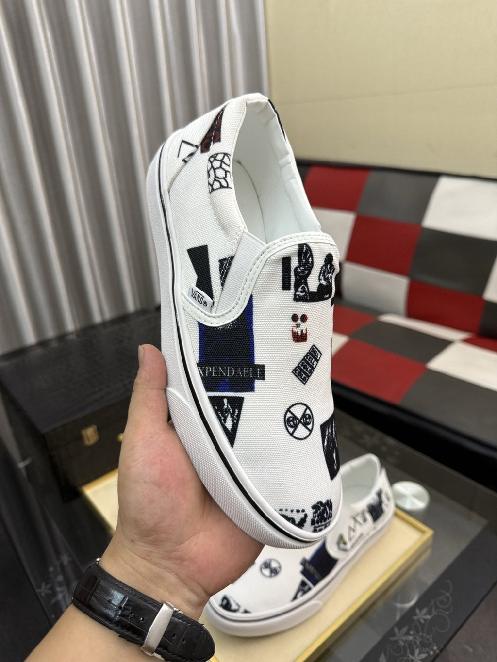 White Graphic Print Slip-On Shoes