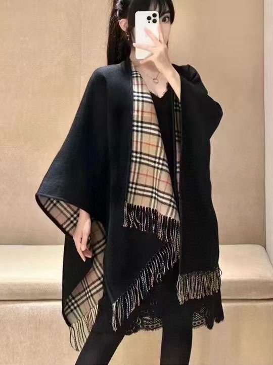 Burberry Reversible Plaid Fringed Poncho Wrap