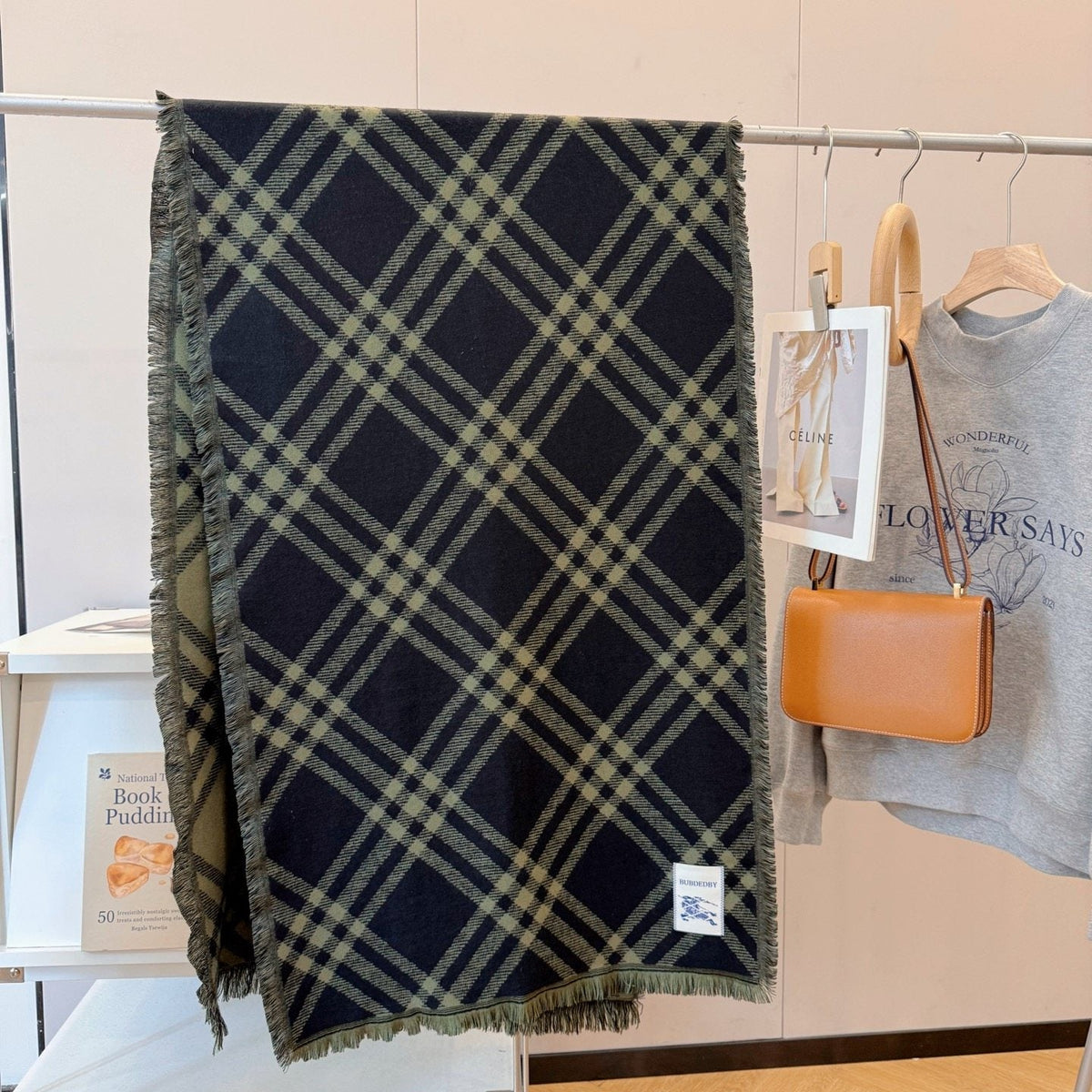 Burberry Black and Olive Green Plaid Scarf