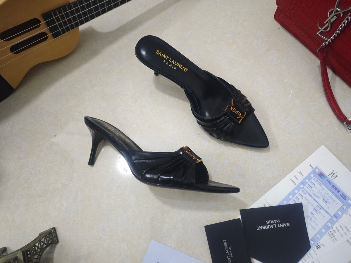 Saint Laurent Women's Ruched Logo Mule Heels
