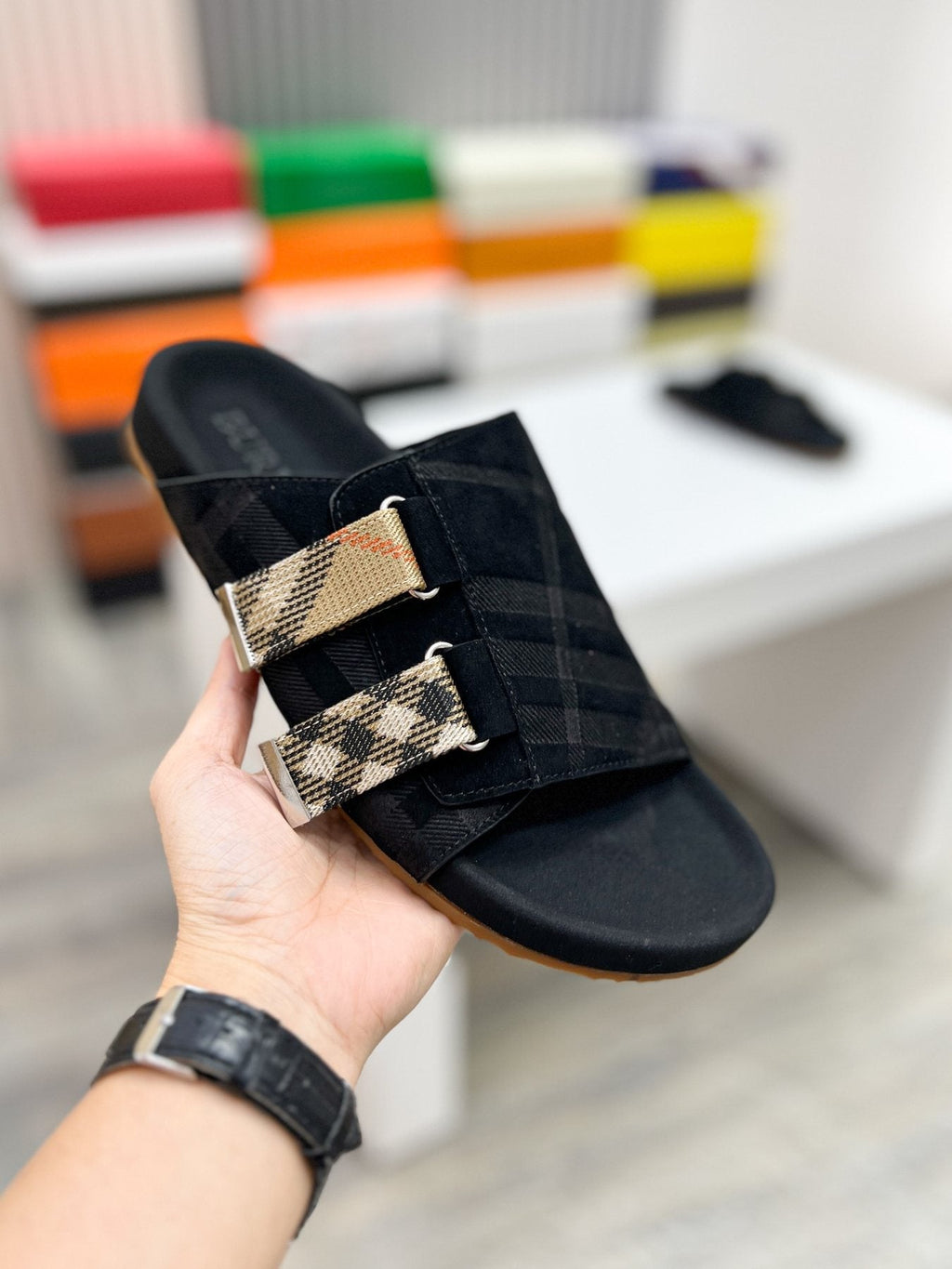 Burberry Men's Check Buckle Slide Sandals